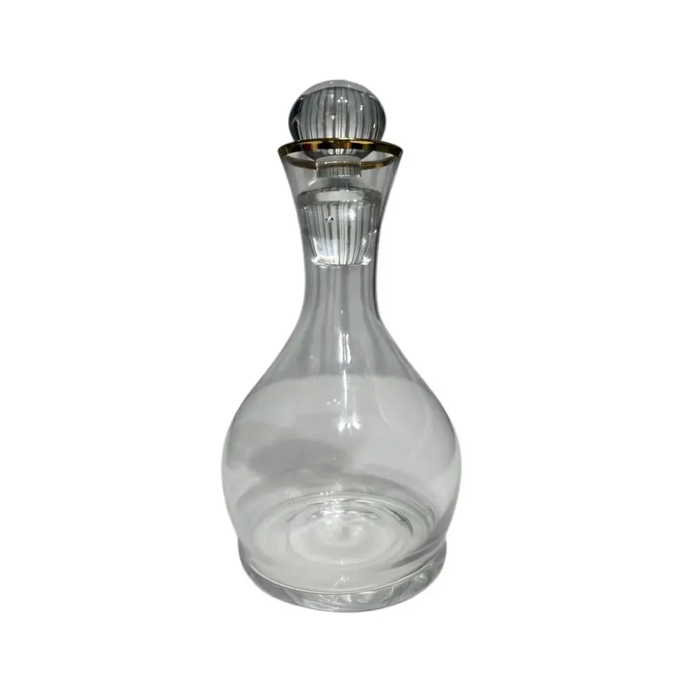Vintage Crystal Decanter with Gold Rim & Faceted Stopper – 7.5” Tall Barware